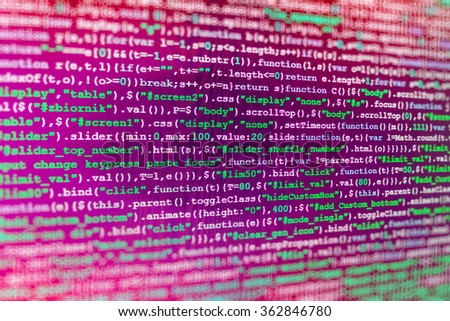 Computer source code programmer script developer. Modern technology background. Web software. Shallow depth of field, selective focus effect.