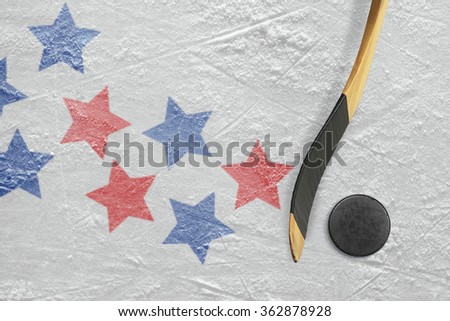 Hockey puck, stick, and a schematic drawing of the American flag. Concept