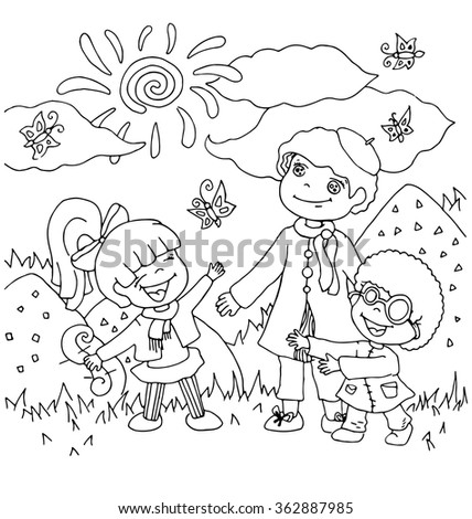 the children kindergarten with teacher cartoon hand drawn outline outdoor in summer seasons isolated on the white background