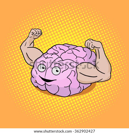 Brain training pop art style vector illustration. Colorful cartoon powerful brain.