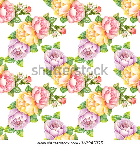 Watercolor Summer Garden Blooming Roses Flowers Seamless Pattern on white background