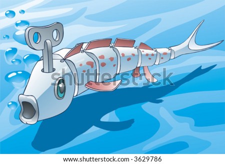 The mechanical fish floats in blue water. Vector.