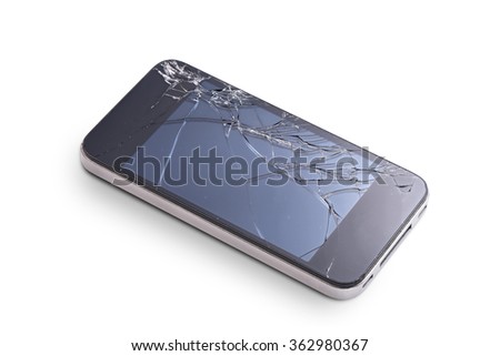 Photo of phone with broken display screen isolated on white