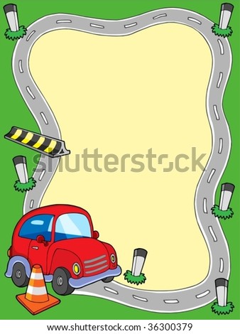 Road frame with small car - vector illustration.