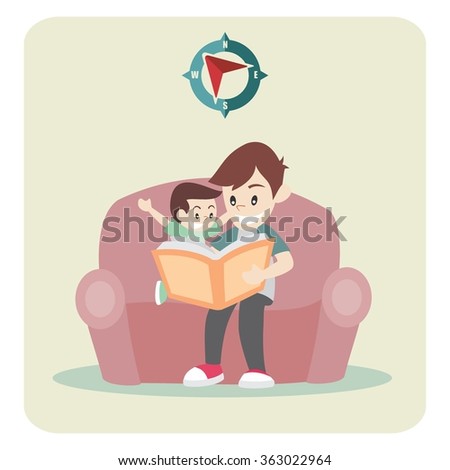 Great father spend time with son by reading book. vector illustration design

