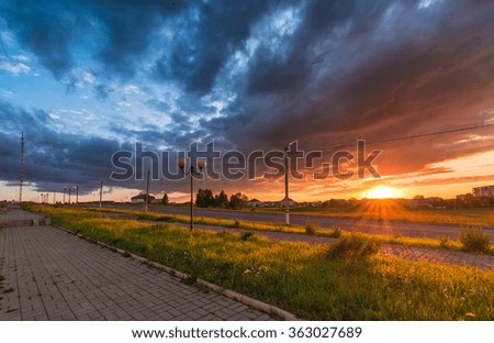 Walk in the city at sunset with beautiful sky