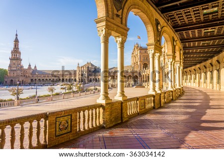 Spain Square (Plaza de Espana), Seville, Spain, built on 1928, it is one example of the Regionalism Architecture mixing Renaissance and Moorish styles. Royalty-Free Stock Photo #363034142