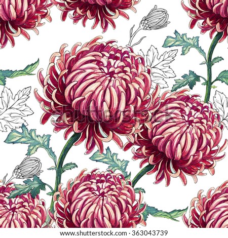 Seamless pattern. Chrysanthemum watercolor botanical illustration.