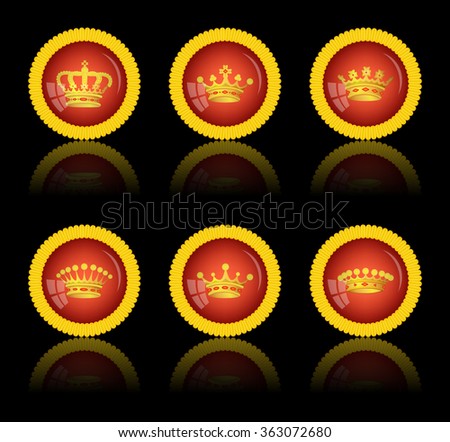 Red round button with a picture of a crown on black, vector, 10eps.
