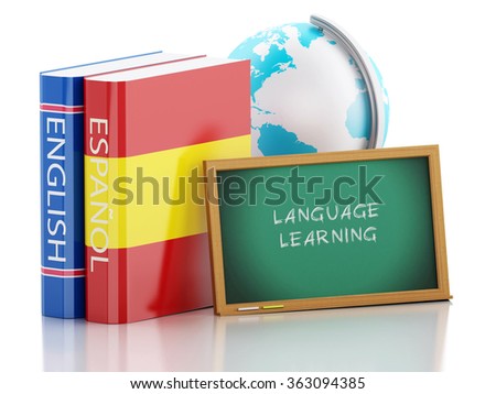 3d renderer illustration. Dictionaries and Blackboard. Language learning and translate, education concept. Isolated white background