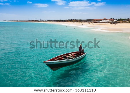 Traditional fisher boat in Santa Maria  in Sal Island in Cape Verde - Cabo Verde Royalty-Free Stock Photo #363111110