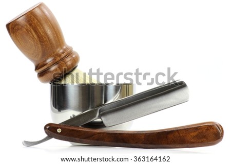 straight razor with accessories isolated on white background Royalty-Free Stock Photo #363164162