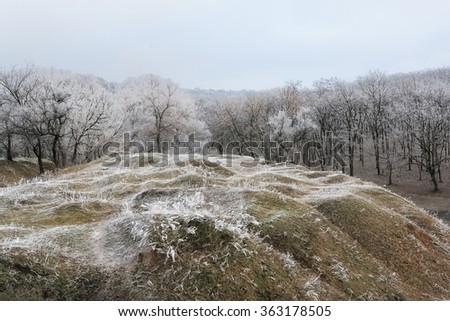 Hill in frost in the winter morning