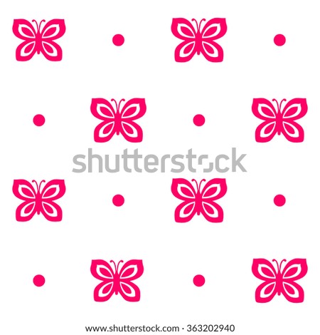 Seamless vector pattern of butterfly and circle shape, texture for printing, background, white and pink colors.
