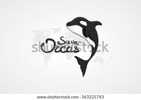 Whale Orca. Concept vector hand drawn illustration, logo. Design of simple icon with text. Sketch art. Flat design. Lettering