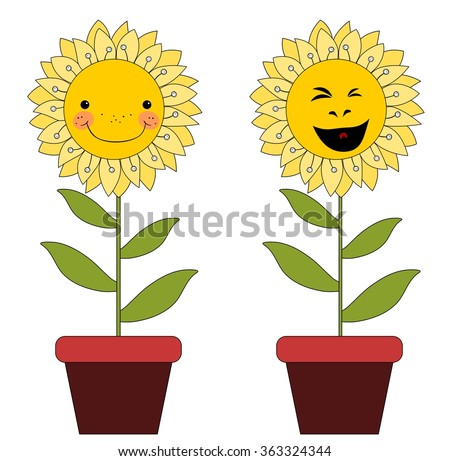 Smiling cartoon flowers in flowerpots isolated on white background