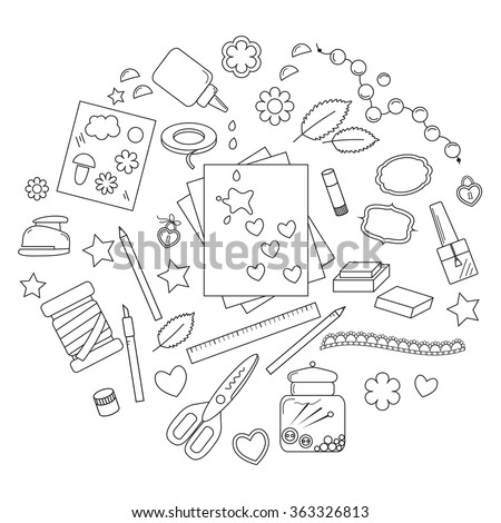 Collection of art supplies and tools for crafting, paper piecing and scrapbooking.Vector illustration