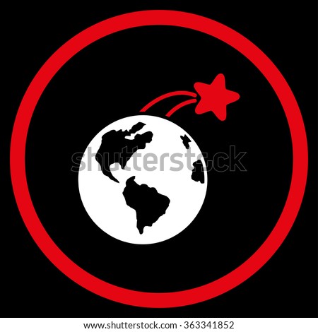 Rising Satellite On Earth vector icon. Style is bicolor flat circled symbol, red and white colors, rounded angles, black background.