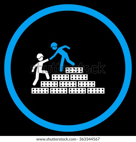 Builder Stairs Help vector icon. Style is bicolor flat circled symbol, blue and white colors, rounded angles, black background.