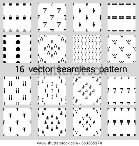 16 seamless pattern backgrounds construction equipment. Repair tools vector. Simple wallpaper tools.