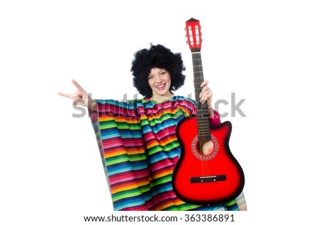 Pretty girl in mexican poncho with guitar isolated on white