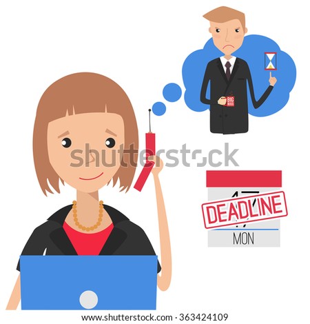 Deadline concept. Angry Boss calling to his employee. Vector Illustration