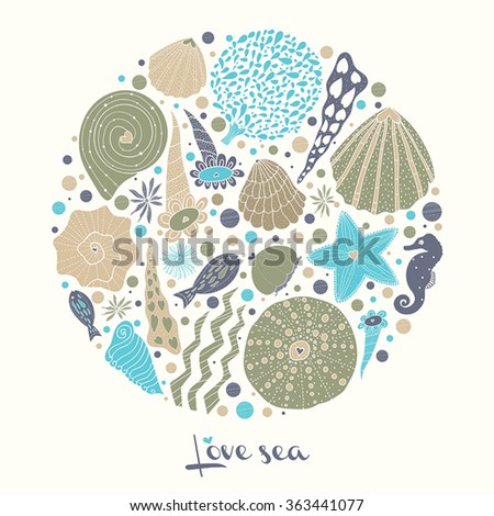 Sea life. Cute vector postcard.