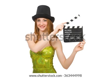 Woman with movie clapboard isolated on white