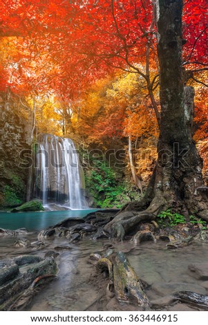 Waterfall in autumn forest at Erawan waterfall National Park, Thailand 