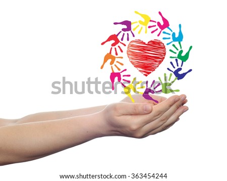 concept or conceptual red heart symbol with child human hand prints spiral circle isolated on white background, metaphor to love, care, friendship, happy, family, protection, romantic or safety