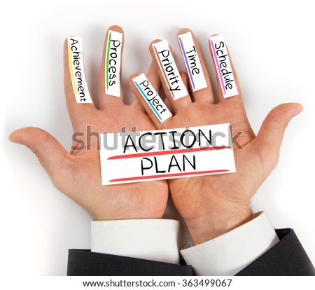 Photo of palms with ACTION PLAN conceptual words written on paper cards