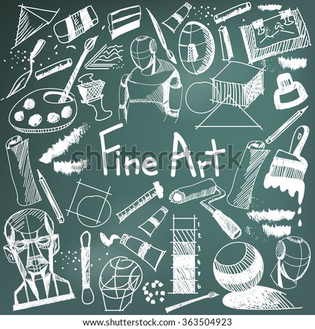 Fine art equipment and stationary handwriting doodle and tool model icon in blackboard background used for school or college education and document decoration with subject header text (by vector) Royalty-Free Stock Photo #363504923