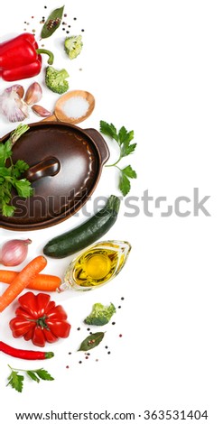 Top view of preparing to cook vegetable soup, isolated on white background. Royalty-Free Stock Photo #363531404