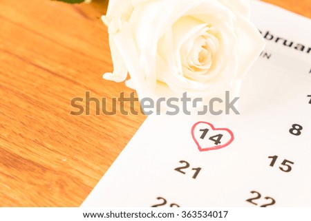 white rose on the calendar with the date of February 14 Valentine's day - soft focus effect picture