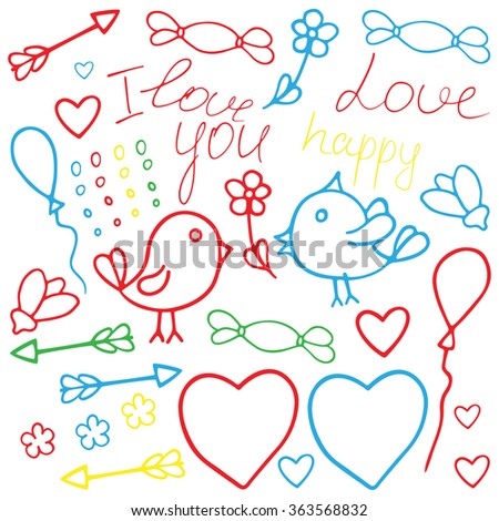 Love Valentine art. Romantic hand drawn clipart with birds. Fantasy cartoon, doodle vector set with hearts. Children's painting (drawings) clip art