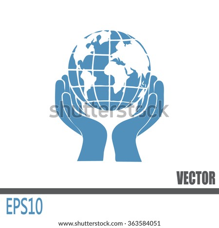Globe icon with hand, vector illustration.