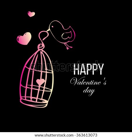 Valentine's Day greeting card with birds cage and heart. Vector black background 