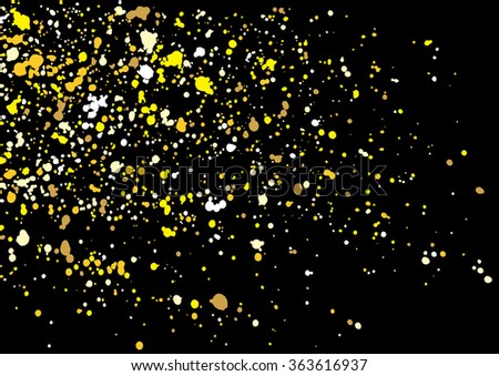 Gold glitter explosion on black background. Golden festive blow texture of confetti. Golden grunge grainy spray abstract texture on a black background. Holiday background. Vector illustration.