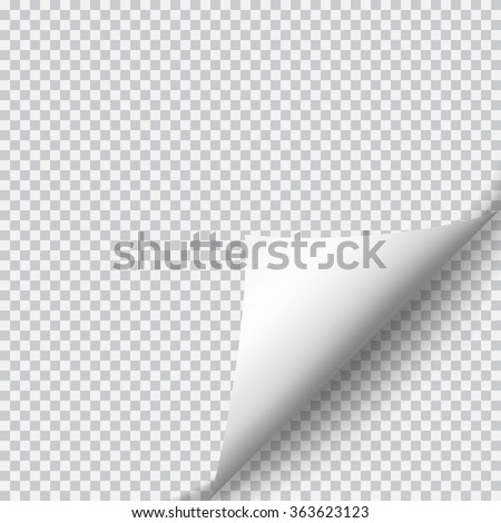 Page curl with shadow on blank sheet of paper. White paper sticker. Element for advertising and promotional message isolated on transparent background. Vector illustration for your design and business Royalty-Free Stock Photo #363623123
