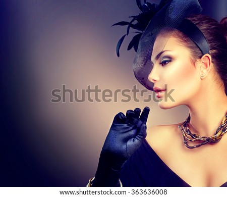 Retro Woman Portrait. Vintage Style Girl Wearing Old fashioned Hat and Gloves, Hairstyle and Make-up. Romantic lady