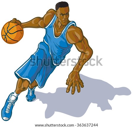 Cartoon vector clip art illustration of a African American male basketball player dribbling. Uniform can be changed to any color.