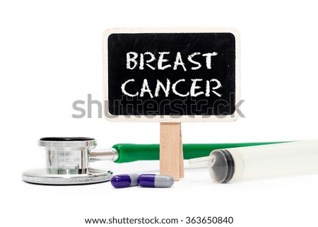 BREAST CANCER concept with text on chalkboard with stethoscope, syringe and pills