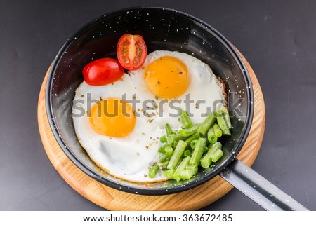 an image of Fried egg on a pan served with tomato and asparagus