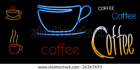 neon collection of coffee cups and signs all isolated on black