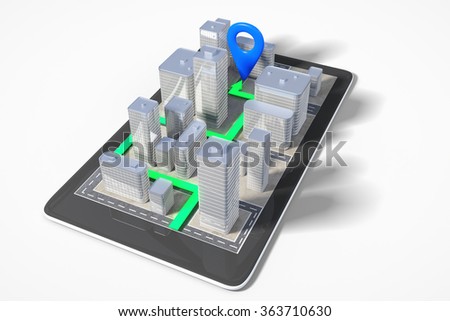 City navigation concept with cell phone with 3D buildings and paved route  Royalty-Free Stock Photo #363710630