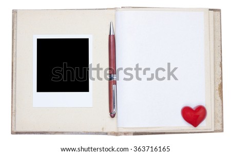 Photo album with photo frame, wooden ballpoint and red heart