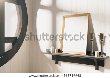 Blank wooden picture frame on wooden shelf at sunrise, mock up 3D Render