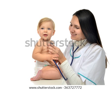 Doctor or nurse auscultating child baby patient heart with stethoscope physical therapy closeup composition on a white background