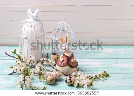 Background with white spring flowering branches of trees, quail eggs, Easter bunny and  candles in decorative bird cages on turquoise painted wooden planks. Selective focus. Place for text.