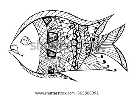 Zentangle stylized Fish. Hand Drawn doodle Art illustration isolated on white background. Sketch for tattoo or makhenda. Sea food collection.